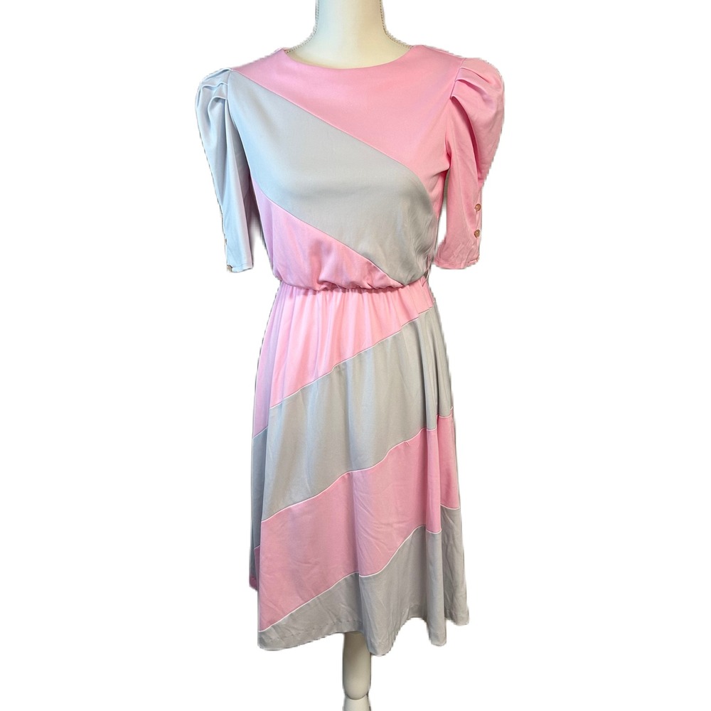 Vintage Susan Leonard 80s Midi Dress Diagonal Colorblock Puff Sleeve 9 (L) USA - Picture 2 of 10